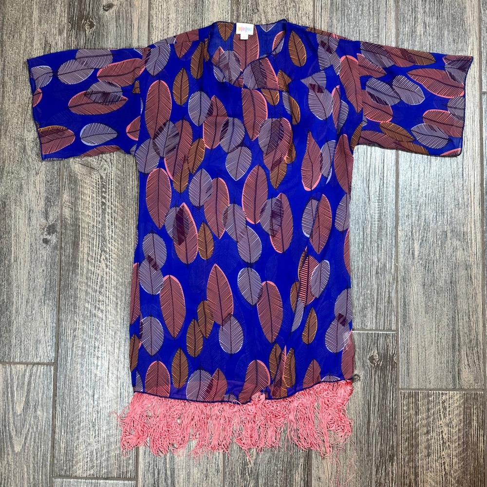 LuLaRoe Kimono Cover-Up Leaf Print Blue Pink Orange Fringe Trim S